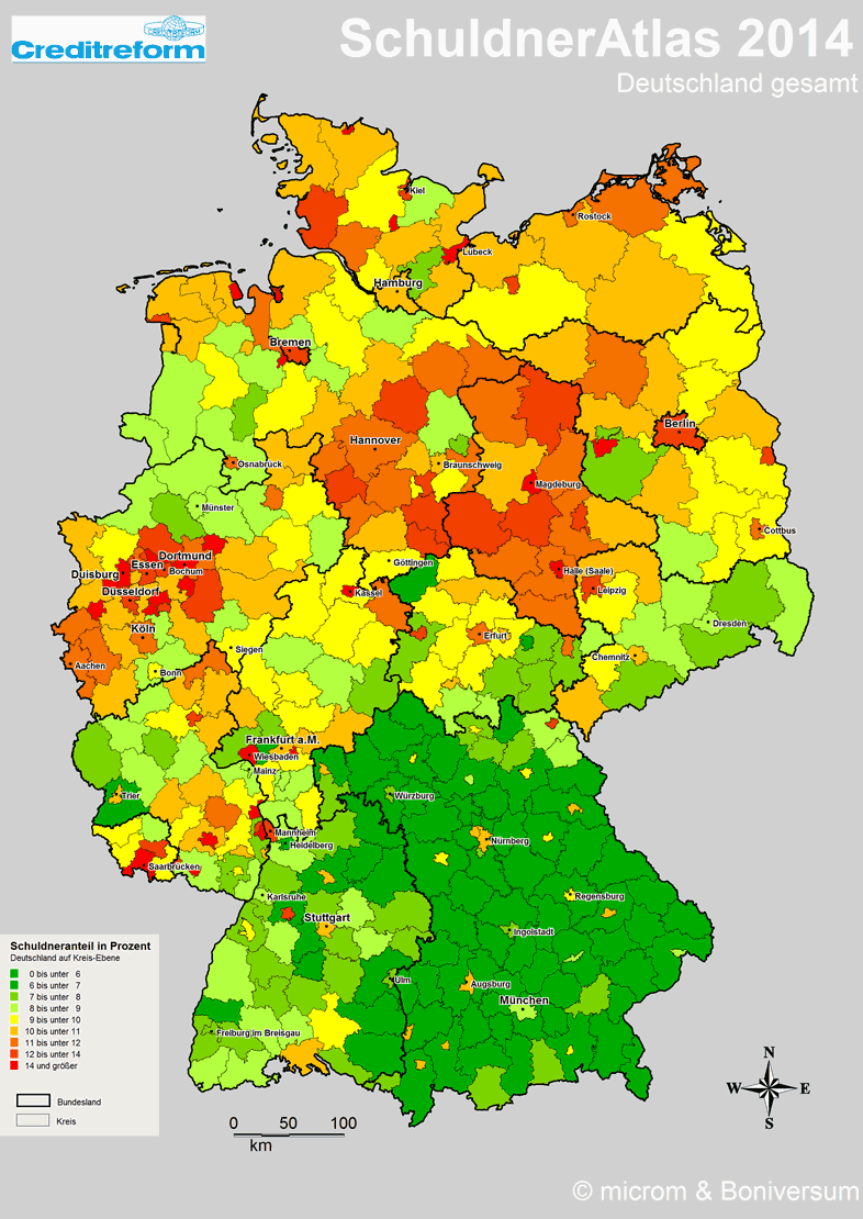 Karte Schuldneranteil in Prozent, Deutschland auf Kreis-Ebene